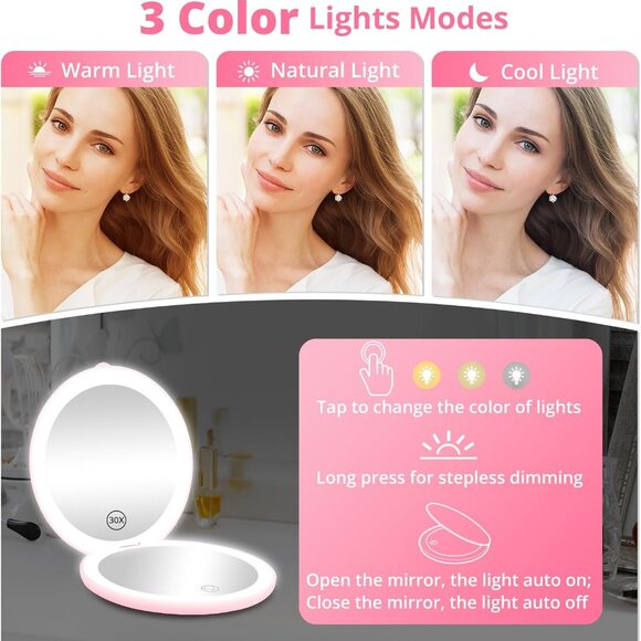 Led Lighted Folding Small Mirror with 3 Color Light, Large 4.8'' Rechargeable - Picture 4 of 16